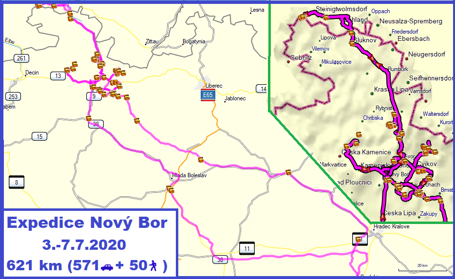 Mapa cesty Expedice Nový Bor 2020, a zpět